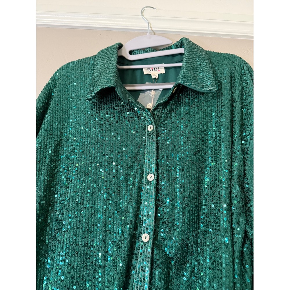 BIBI Emerald Green Sequin Button Down Shirt Long Sleeve Top XL Holiday Top - Picture 2 of 10